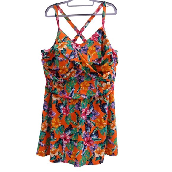 NWOT Denim & Co. Beach Regular Sweetheart Twist Front Swim Dress Sz 26W Orange - Picture 2 of 15
